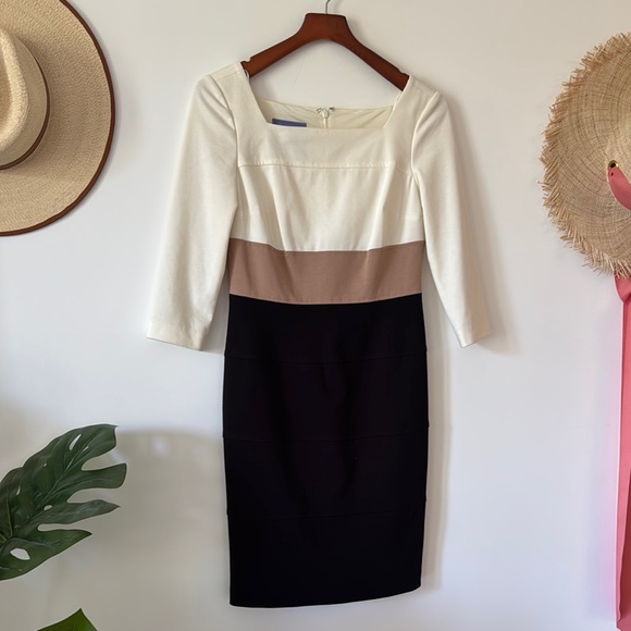 Kay Unger Cream and Brown Sheath Dress Square Neck 3/4 Sleeve - Picture 3 of 7